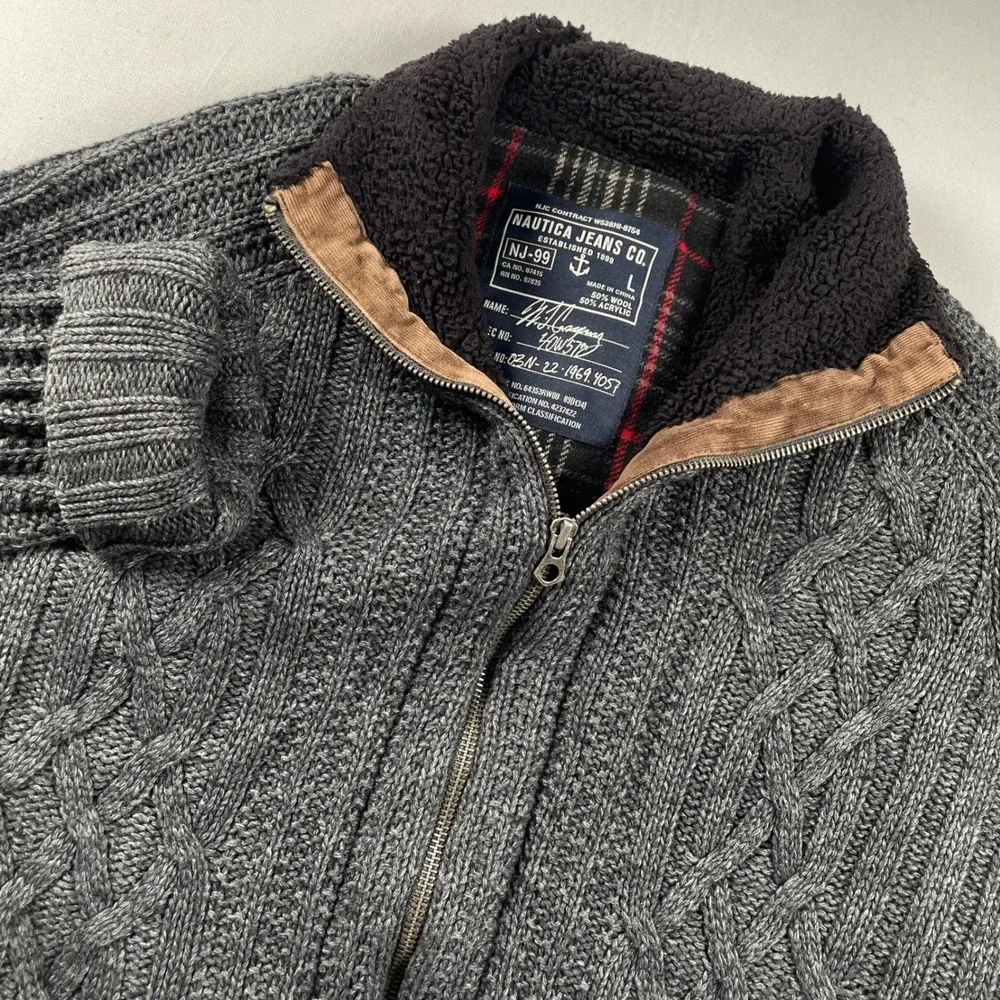 Nautica Mens Gray Cable Knit Full Zip Sherpa Lined Collar Wool Sweater L